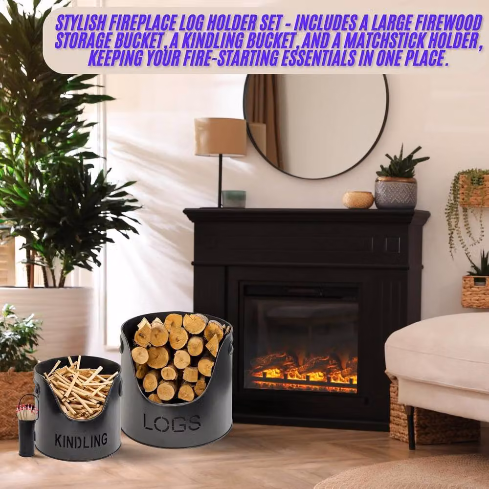 Almineez 3-Piece Black Metal Fireside Storage Set with Log Holder, Kindling Bucket and Matchstick Holder – 8