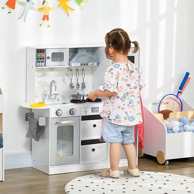 AIYAPLAY Toy Kitchen Playset with Lights and Sounds, including Apron and Chef Hat, White