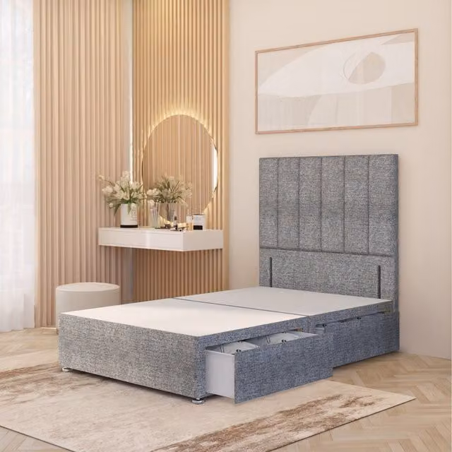 Somnior Beds Ltd Austin Upholstered Fabric Divan Bed Base with Drawers and Floor Standing Headboard in Grey/Silver, W/D/H: 120 x 200 x 34.5 cm