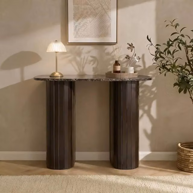 OHS Madison Modern Marble Effect Ribbed Console Table in Dark Brown