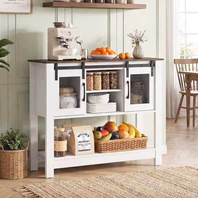 Costway Rustic Entryway Console Table with Barn Sliding Doors and Adjustable Shelf in White and Multicolour