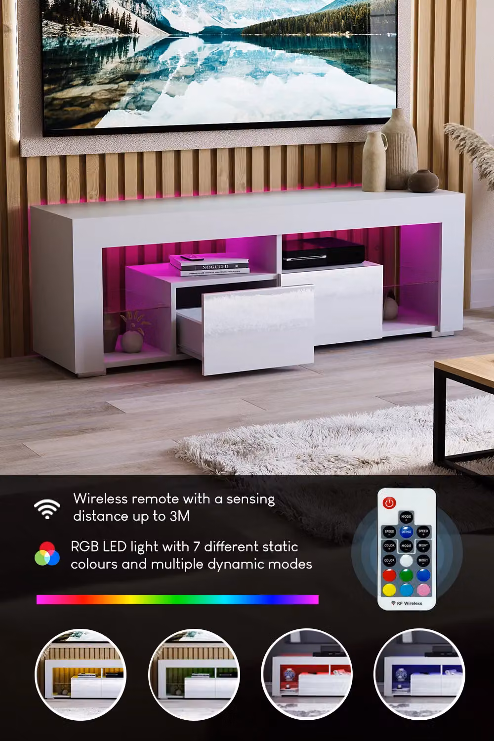 Vida Designs Luna Modern 2 Drawer LED TV Unit with Integrated Lighting in White Glossy Finish – 4