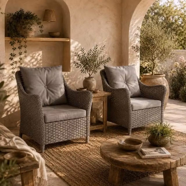 Wyld Haus Neluli Set of 2 Grey Rattan and Metal Modern Outdoor Armchairs – 1