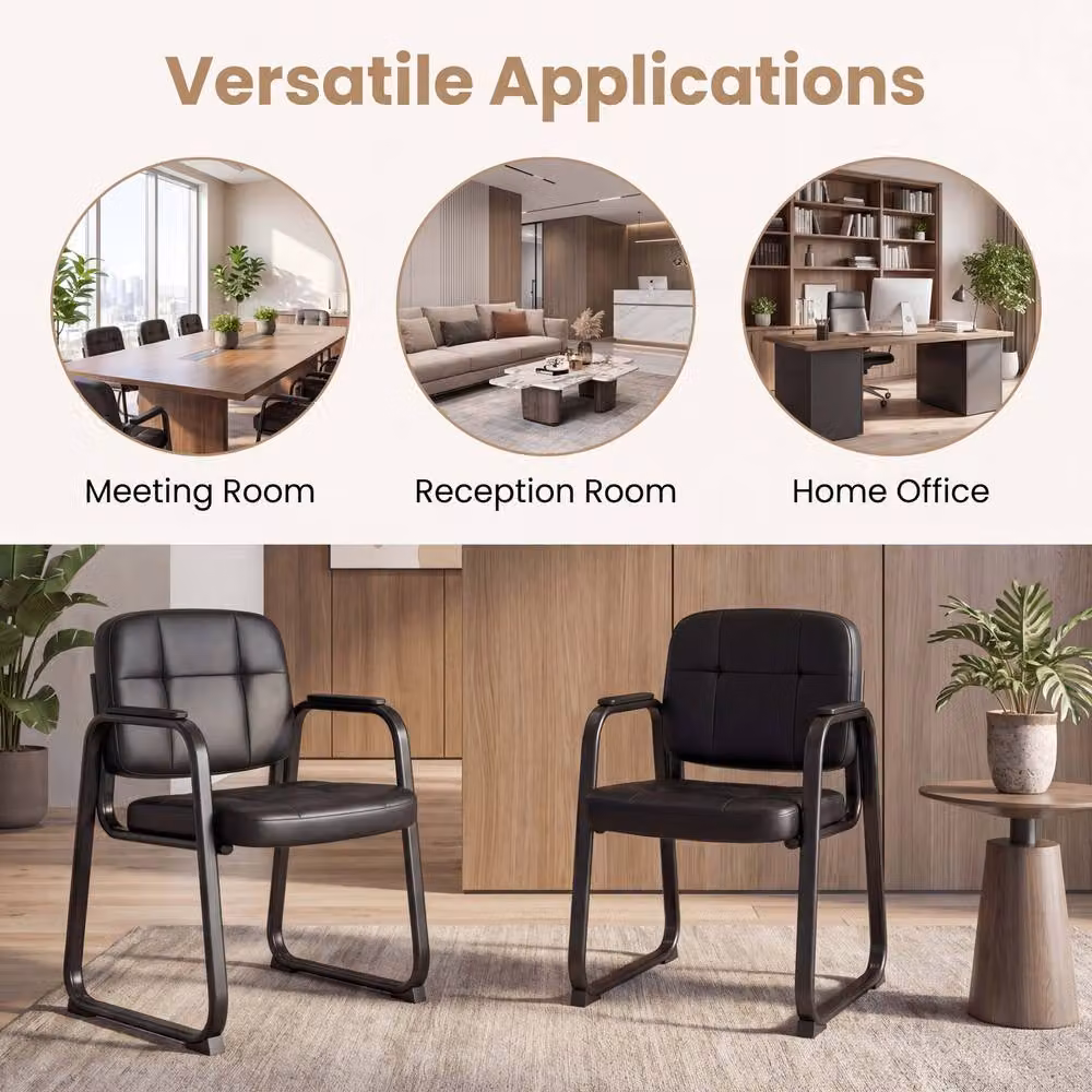 Gymax Set of 2 Black Synthetic Leather Office and Reception Guest Chairs with Armrests – 10