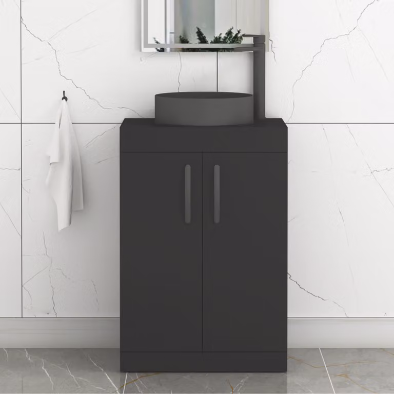 Royal Bathrooms Turin 600mm Floor Standing 2 Door Vanity Unit in Matte Black with Art Round Countertop Basin and Brushed Brass Handle