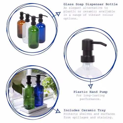 Harbour Housewares 2 Piece Amber Glass Soap Dispenser Set with Ceramic Tray and Black Pumps, 500ml – 2
