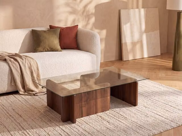 Vente-unique AZRA Modern Rectangular Tempered Glass Coffee Table in Transparent and Natural – 1