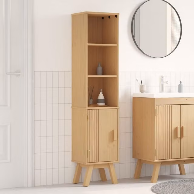 Berkfield Home Brown and Beige Solid Pine Wood Bathroom Cabinet with Hinged Doors and Open Shelf, W/D/H: 35 x 30 x 159 cm – 1