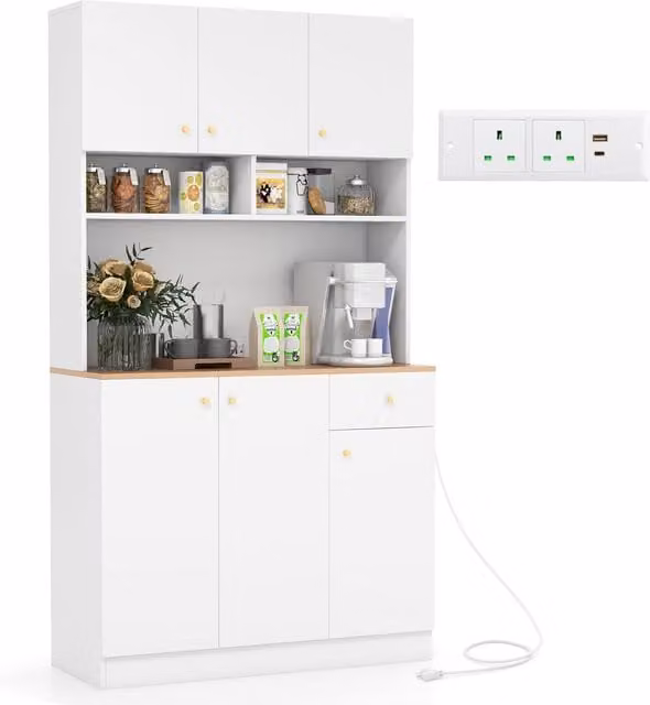 Gymax Tall Kitchen Pantry Buffet Cabinet with Outlets and Adjustable Shelves in White – 1