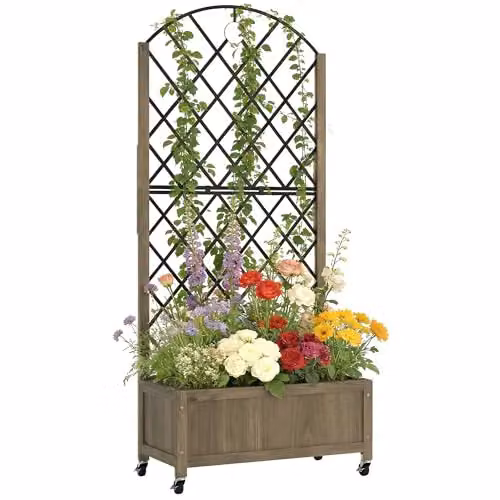 Outsunny Brown Carbonised Wood Raised Garden Bed with Metal Trellis and Lockable Wheels, W/D/H: 168 x 72 x 36 cm – 1