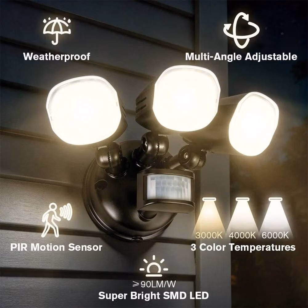 SPETLEK 3-Head LED Security Floodlight with Motion Sensor in Black – 2