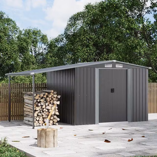 Breeins Durable Metal Outdoor Lean-to Storage Shed with Sliding Doors in Grey