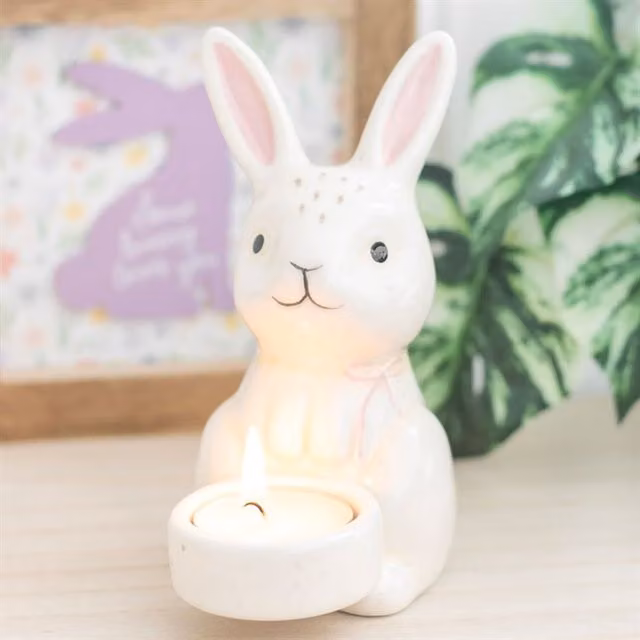 KDMK White Ceramic Bunny Tealight Holder for Spring and Easter Decor