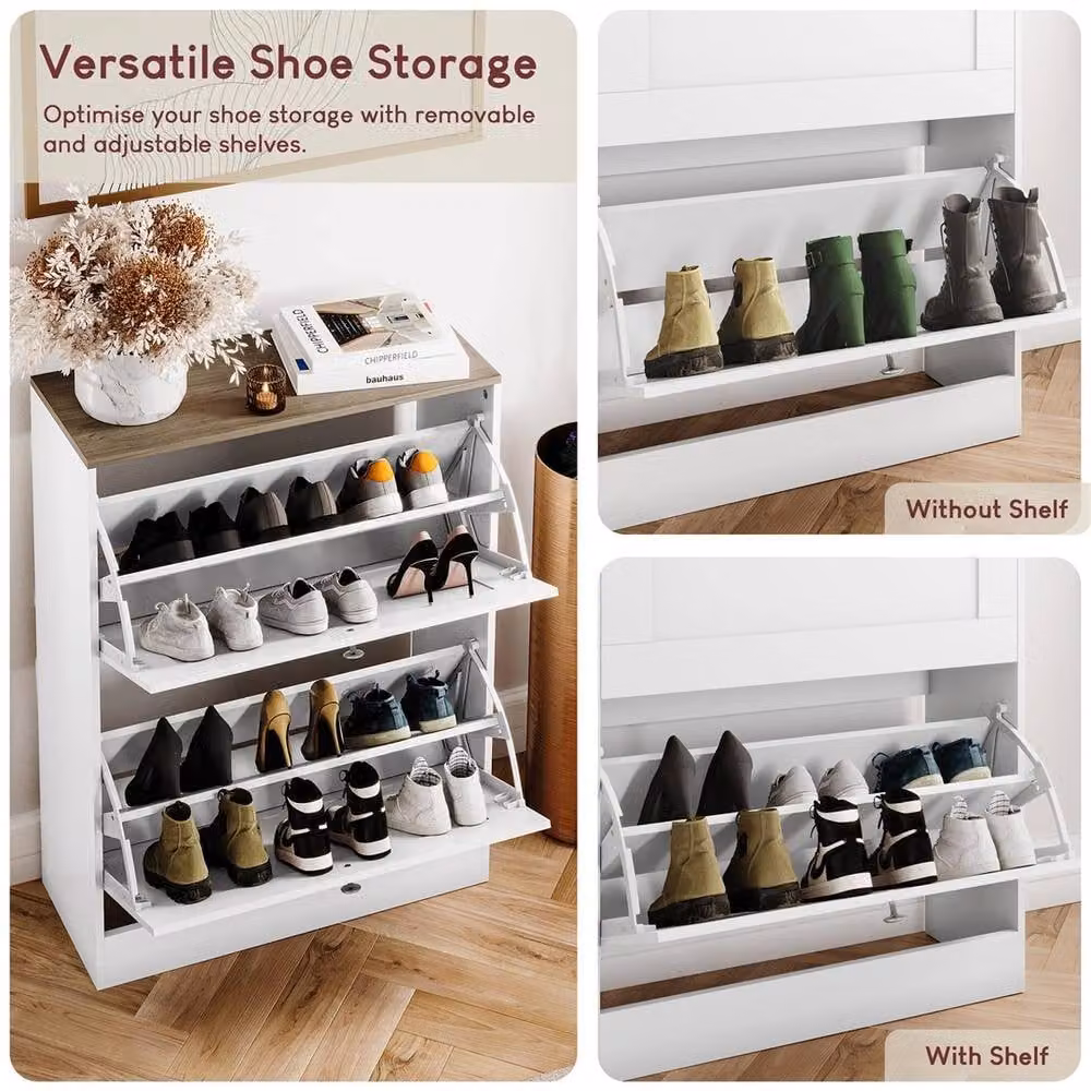 SPETLEK White Modern 2-Drawer Shoe Cabinet with Tilting Compartments and Internal Shelves for Hallway or Living Room Storage – 3