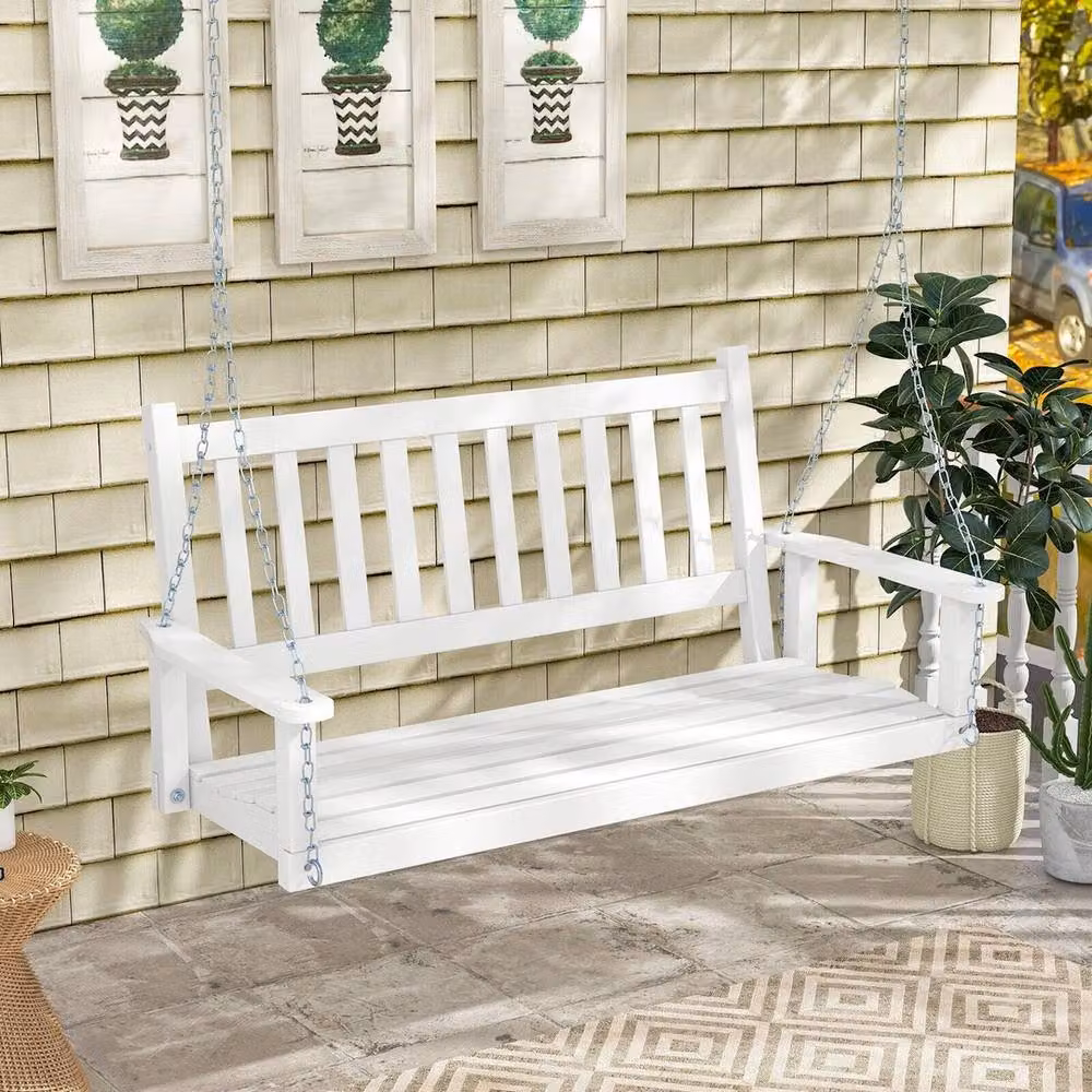 NESTLUNE 3-Person Heavy Duty Wooden Outdoor Porch Swing in White – 3