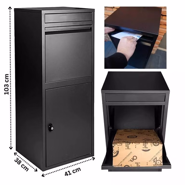 SPETLEK Extra Large Wall Mounted Steel Parcel Delivery Drop Box in Black, W/D/H: 103 x 41 x 38 cm