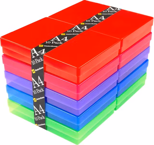 WestonBoxes A4 Plastic Craft Storage Boxes with Lid, Transparent, Pack of 10 – 1