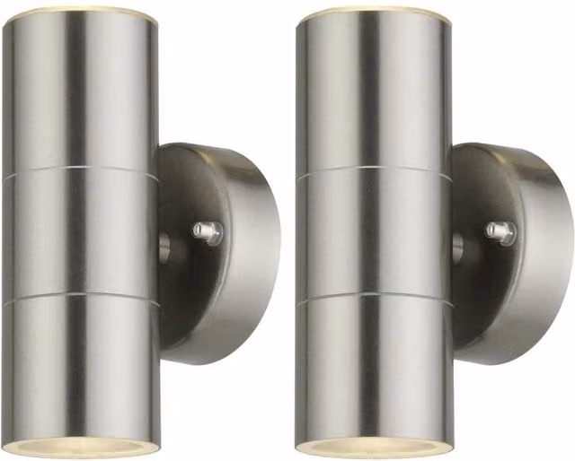 First Choice Lighting Blaze Set of 2 Silver Stainless Steel Up Down Outdoor Wall Lights