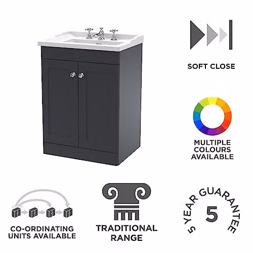 nuie Classique Traditional 2 Door Floor Standing Bathroom Vanity Unit and 3 Tap Hole Ceramic Basin, Soft Black, W: 62 cm, D: 42.8 cm, H: 85.8 cm – 2