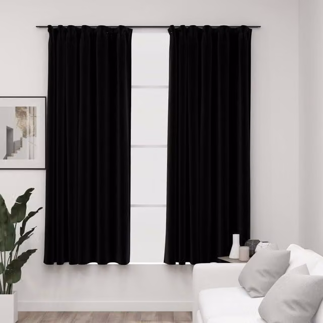 Berkfield Linen-Look Blackout Curtains with Hooks, 2 Pack, Black, W: 140 cm, H: 175 cm