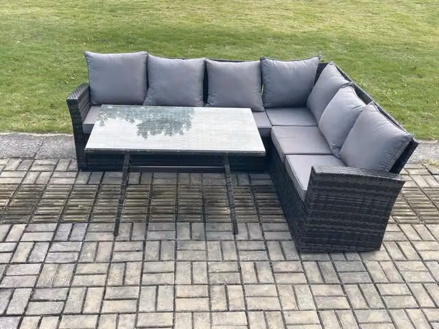 Fimous Rattan Corner Sofa and Rectangular Dining Table Set with Tempered Glass in Dark Grey