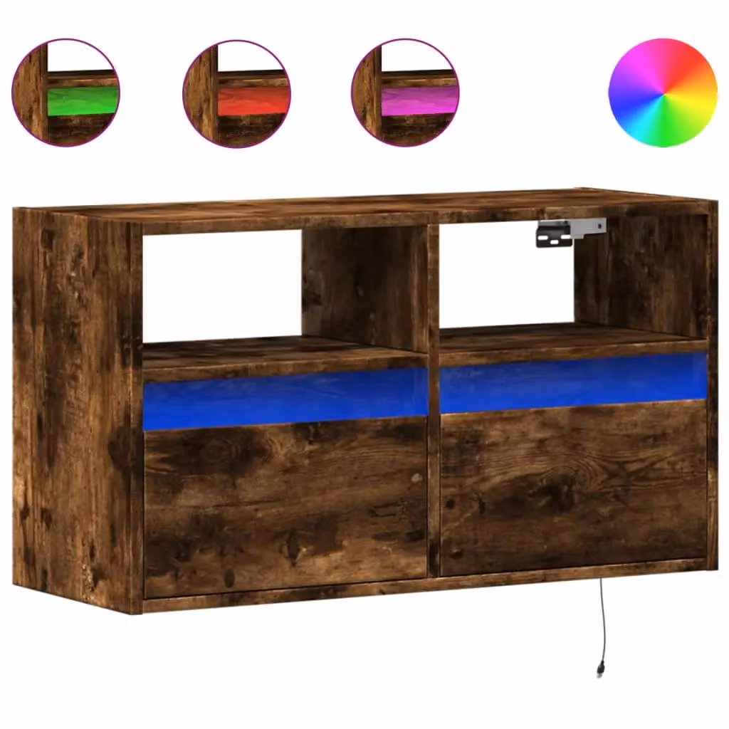 Berkfield Home Modern Wall Mounted TV Cabinet with LED Lighting in Smoked Oak Brown, W/D/H: 80 x 31 x 45 cm – 2