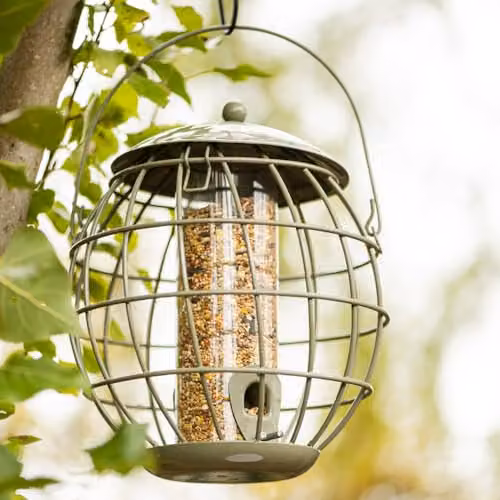 Happy Beaks Orbital Squirrel Proof Bird Feeder in Sage Green Steel, Weatherproof Garden Feeding Station for Fat Balls, Peanuts, Seeds and Suet – 3