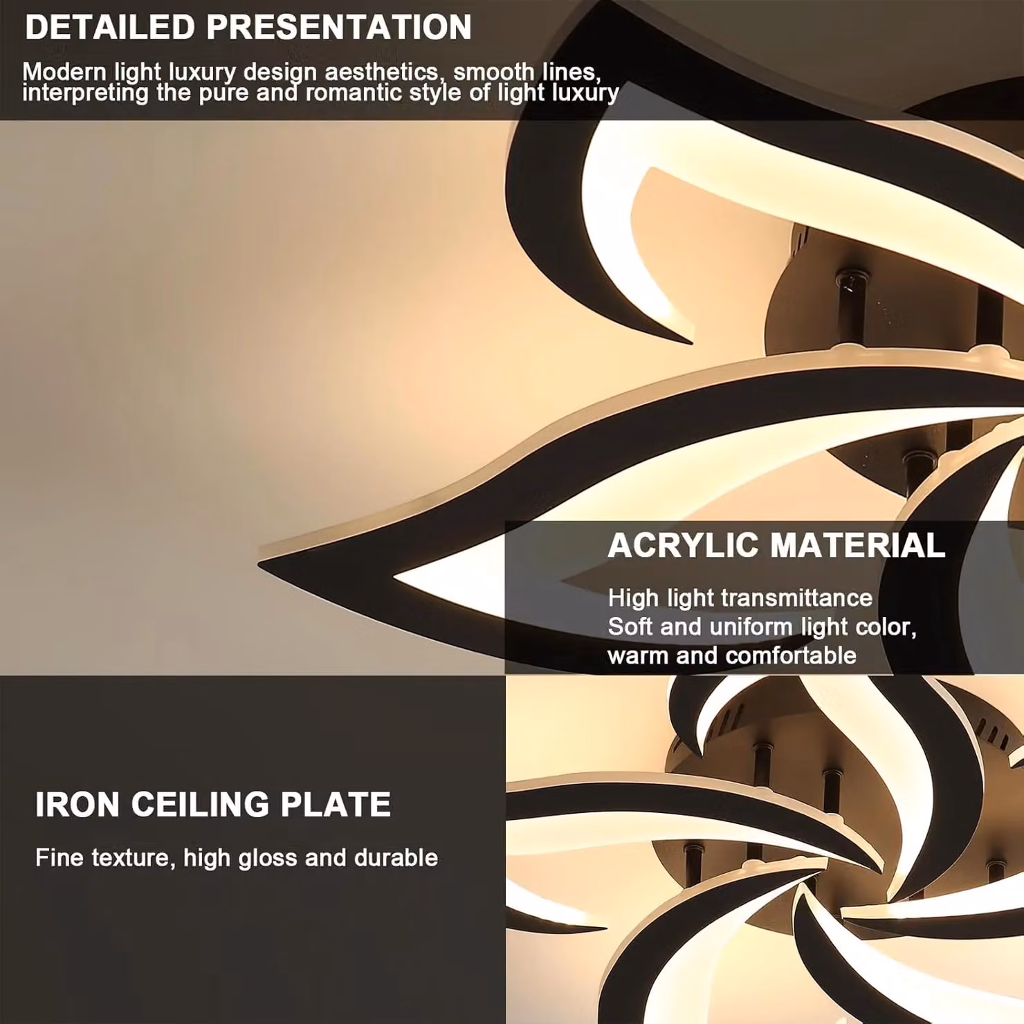 COMELY Modern LED Flower Ceiling Light, 60W Acrylic Lamp in Black with Warm White 3000K Glow – 4