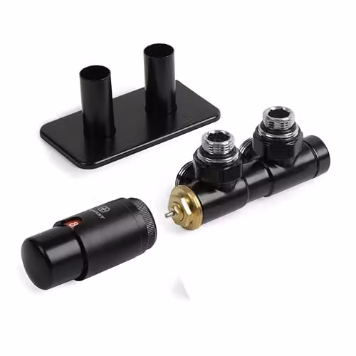 Terma Vario Twins Angled Accessory Valve Set with Thermostat Head and Pipe Masking, 50mm, Matt Black RAL 9005, Left Sided – 1