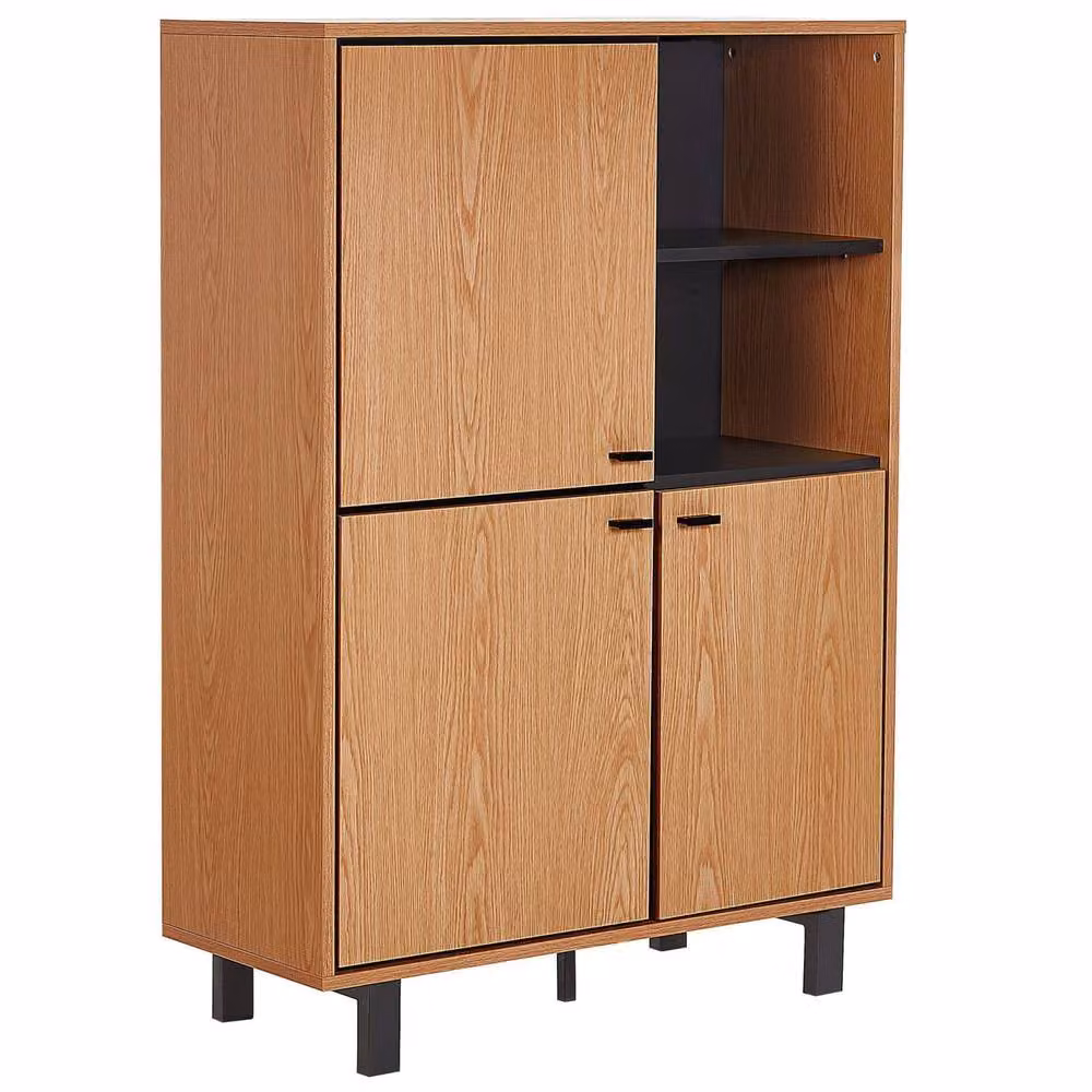 Wyld and Coco Oak-Finish Sideboard with 3 Cabinets and 2 Open Shelves in Brown and Black – 2