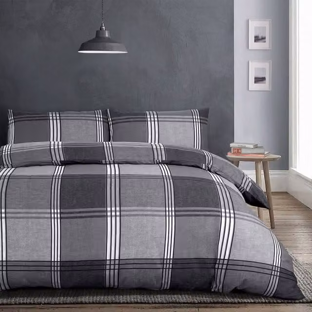 Velosso Hamilton Check Grey Cotton Rich Duvet Cover and Pillowcase Set, W/D/H: 135 x 200 cm and 50 x 75 cm – 1