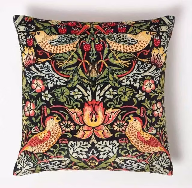 Homescapes William Morris Strawberry Thief Velvet Cushion in Black and Multicolour, W/D/H: 45 x 45 x 45 cm