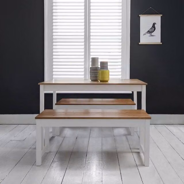 Nöa and Nani Annika Dining Set with Rectangular Table and 2 Benches in Natural Pine and White