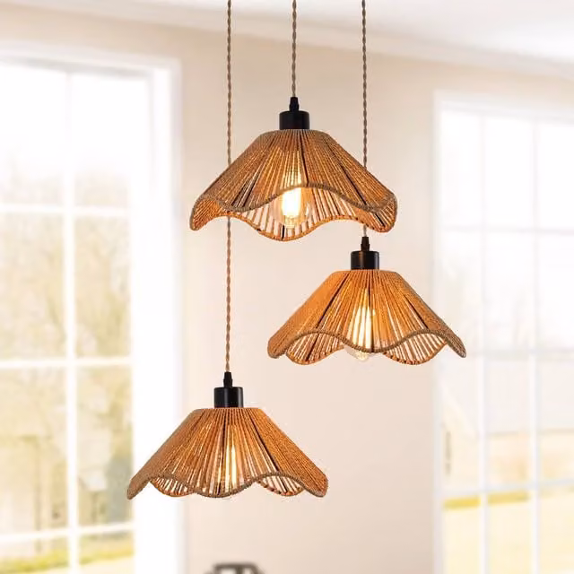 NIVOR 3 Light Boho Rattan and Metal Farmhouse Pendant Chandelier in Brown