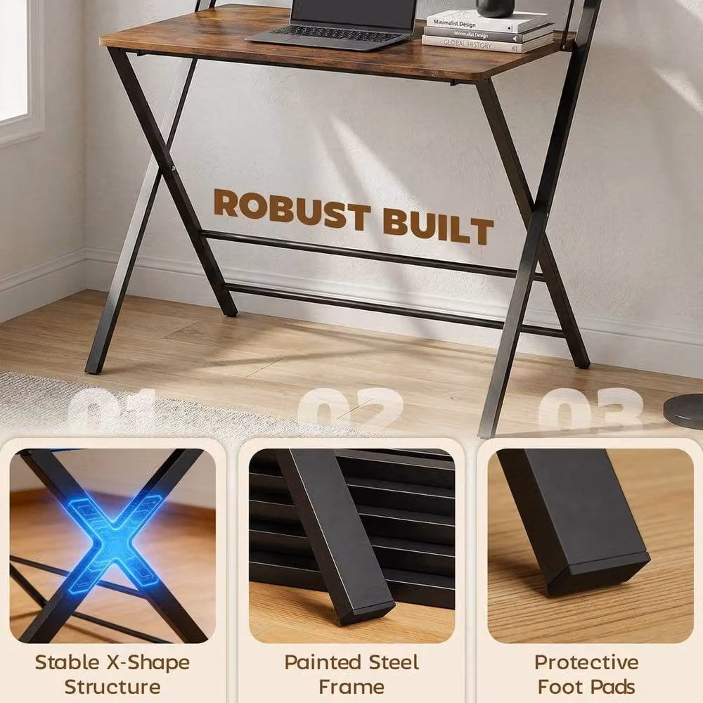 PAWNORA Brown Folding Writing Desk with 2-Tier Shelf for Home Office – 3