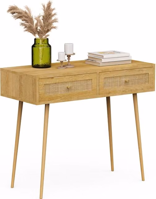 VonHaus Boho Brown Dressing Table with Rattan and Wood Details