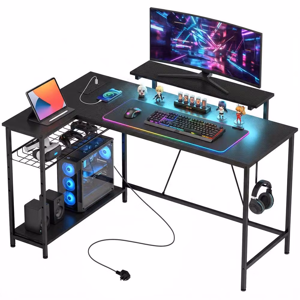 STILVORA L Shaped Corner Desk with LED Lights and Storage in Black – 3