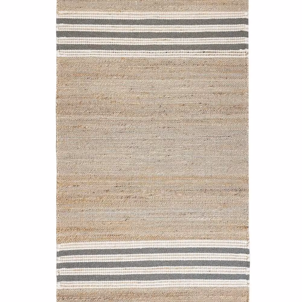 Wyld and Coco Handwoven Jute, Wool and Cotton Striped Dhurrie Rug in Beige and Grey with Fringes, W: 80 cm, L: 150 cm