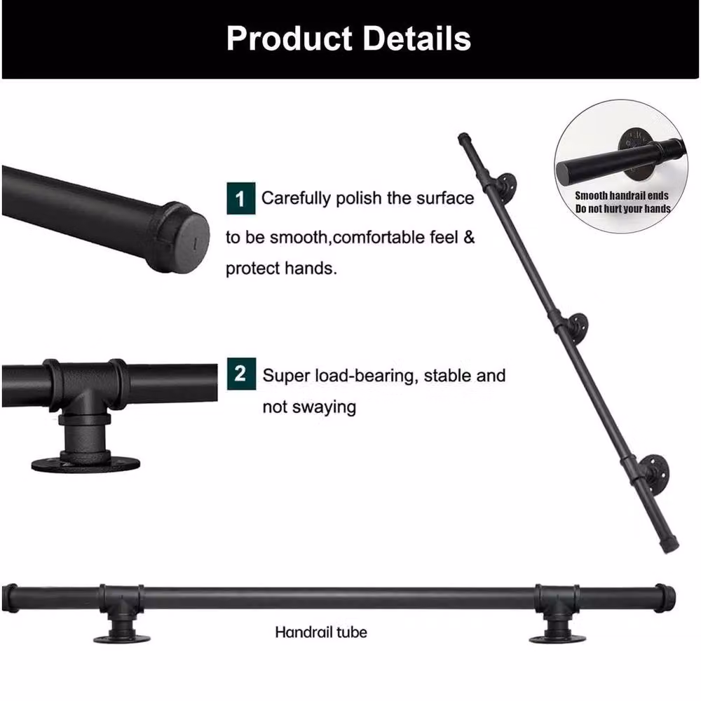 Hinsinc Black Metal Stair Handrail Grab Bar, W/D/H: 100 x 52 x 2 cm – 4