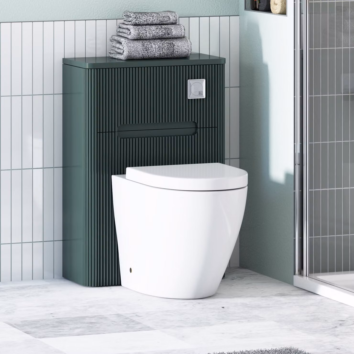 Avenza Moss Green Wall Mounted WC Unit with Elva White Rimless Ceramic Toilet Pan, Soft Close Seat and Cistern, W/D/H: 50 x 55 x 40 cm