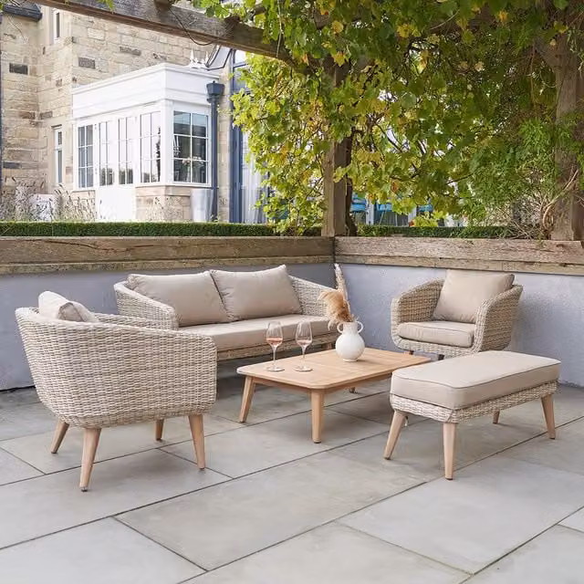 Pacific Lifestyle Modern Natural Acacia Wood and PU Rattan Outdoor Seating Set for 6 in Beige and Brown