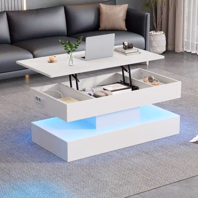 Rolipo Smart White LED Coffee Table with Lift Top and Hidden Storage