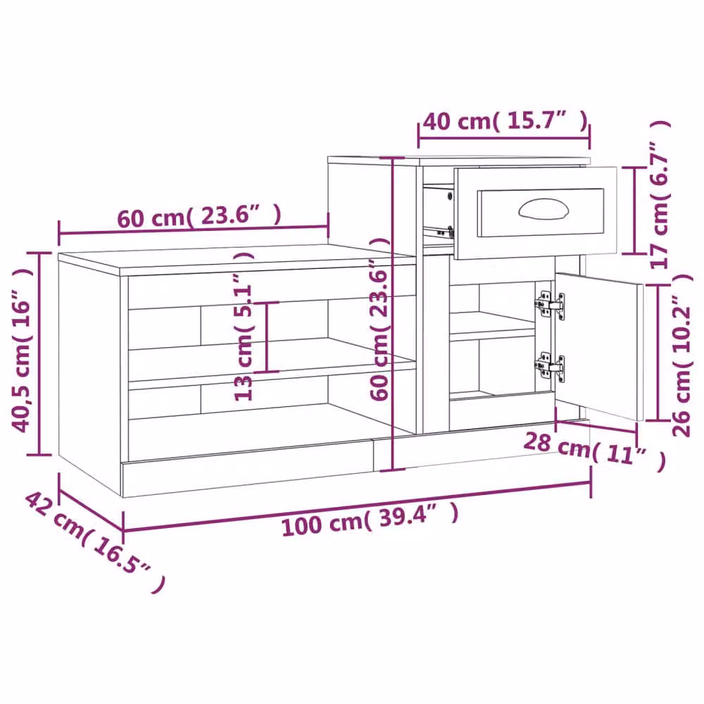 Berkfield Home Smoked Oak Shoe Cabinet in Brown, W/D/H: 100 x 42 x 60 cm – 5