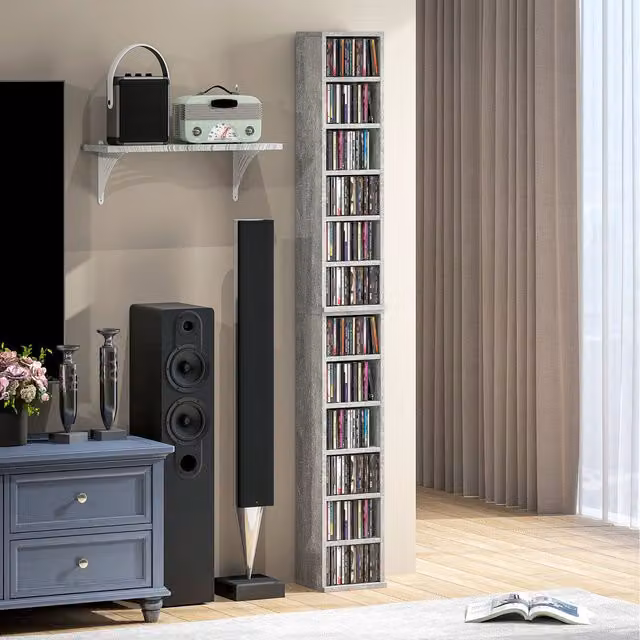 HOMCOM Set of 2 Modern Wall Mounted CD Media Display Shelf Units in Light Grey
