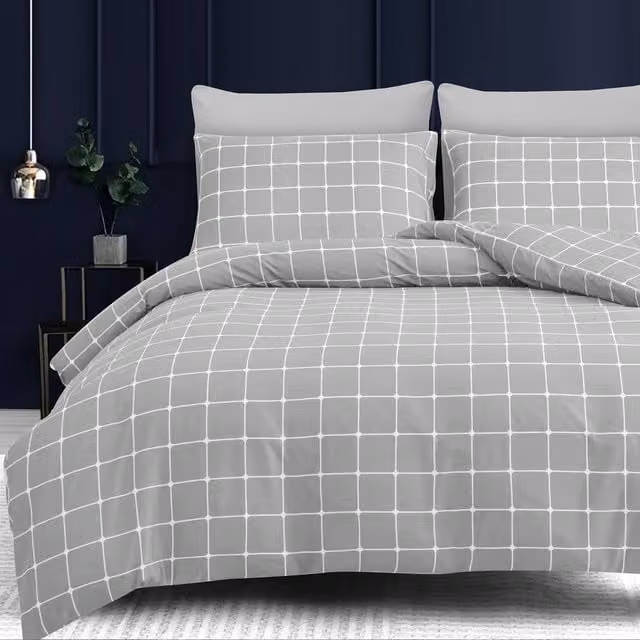 Pamposh Grey Checked Microfibre Duvet Cover and Pillowcase Set – 1