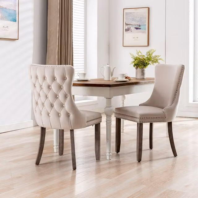 HomeTouch Sierra Set of 2 Velvet Tufted Wing Back Dining Chairs with Oak Wood Legs in Beige