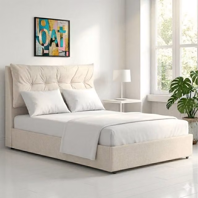 OAT Home Prestbury Pillowback Upholstered Ottoman Storage Bed in Beige, W/D/H: 140 x 200 cm