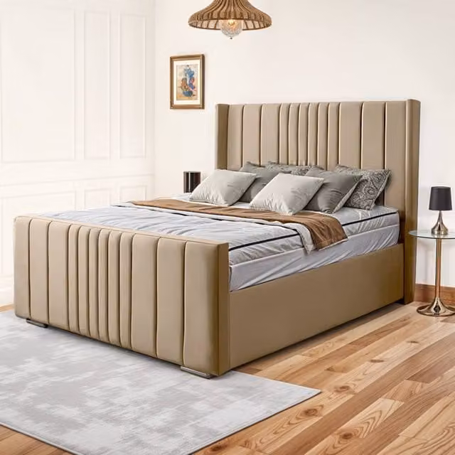 UK Bed Furniture Balmoral Wingback Upholstered Bed in Beige, Super King, W/D/H: 200 x 200 cm – 1