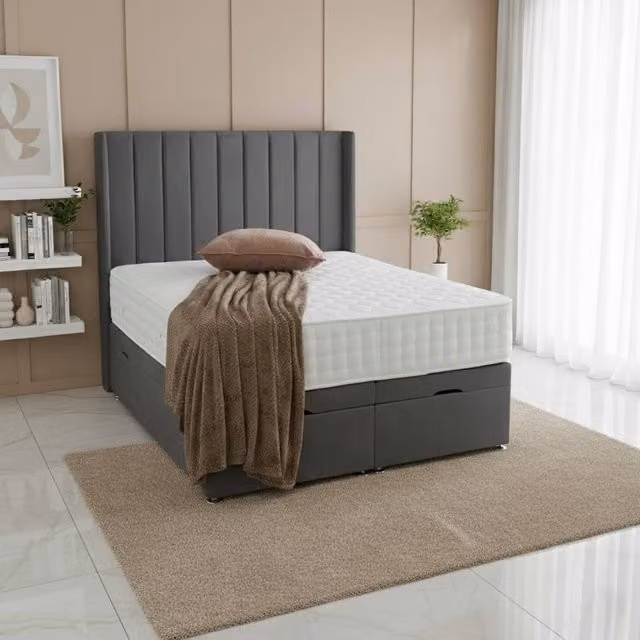 BSSPOKE Hannah Ottoman Divan Bed with 54 inch Headboard in Grey Plush Velvet, W/D/H: 180 x 200 cm