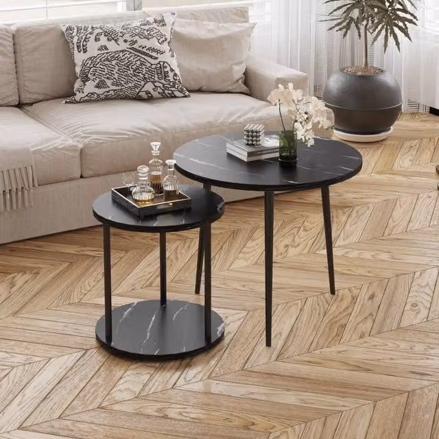 VOGREX Black 2-Piece Round Nesting Coffee Tables with Marble Tops and Storage Shelf